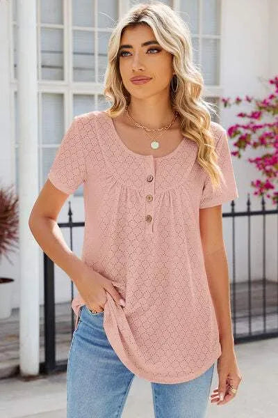 Eyelet Quarter Button Short Sleeve T-Shirt Women's T-Shirts - Tophatter Daily Deals